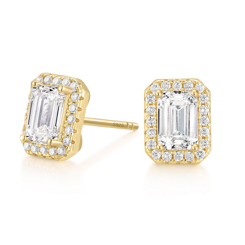 HISTI Ear studs 925 Sterling Silver Stud Earrings for Women Emerald Cut CZ 14K Gold Plated Stud Earrings