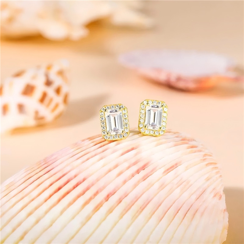HISTI Ear studs 925 Sterling Silver Stud Earrings for Women Emerald Cut CZ 14K Gold Plated Stud Earrings - Image 2