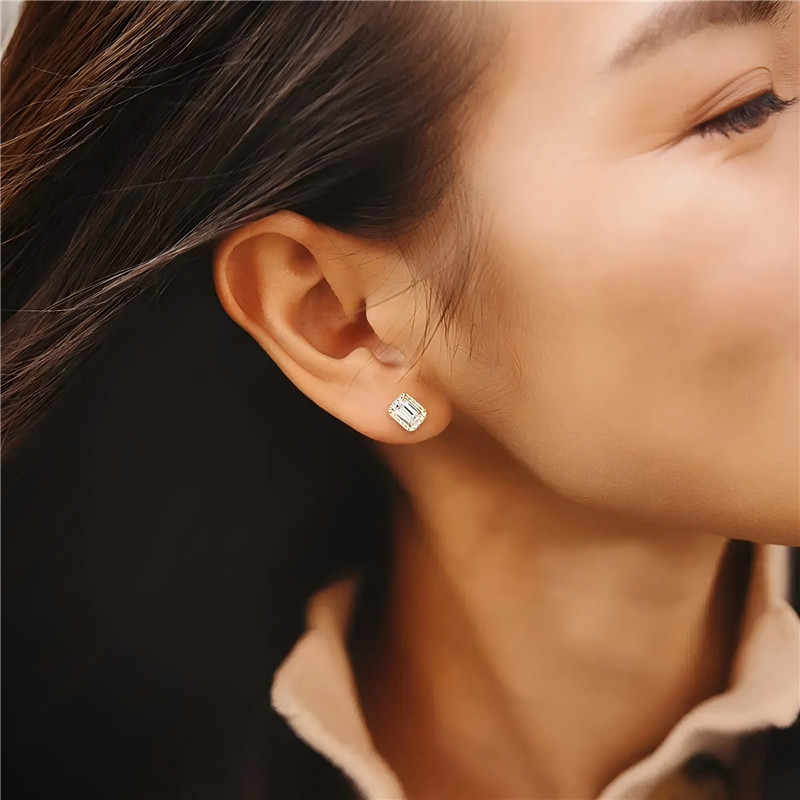 HISTI Ear studs 925 Sterling Silver Stud Earrings for Women Emerald Cut CZ 14K Gold Plated Stud Earrings - Image 4